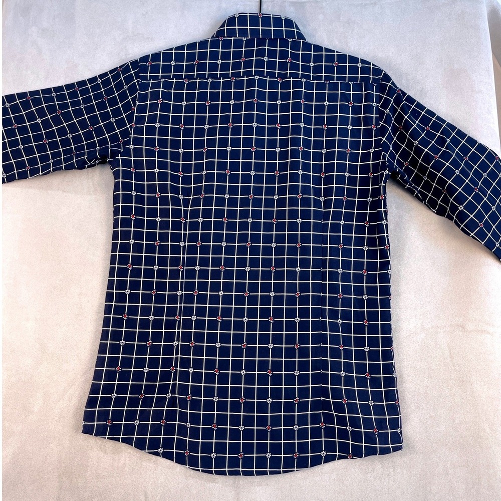 Elie Balleh Milano Italy Navy Blue Grid Floral Button Down Shirt Size 16 Youth - Picture 8 of 8